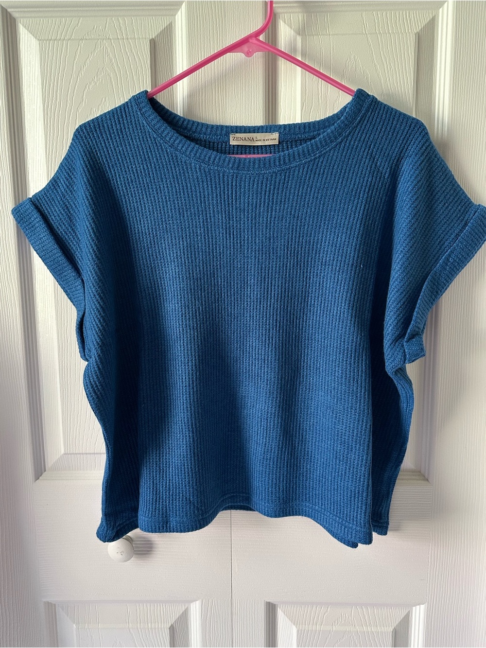 212 NWT Zenana Ocean Blue Waffle Knit Short Sleeve Knit Top